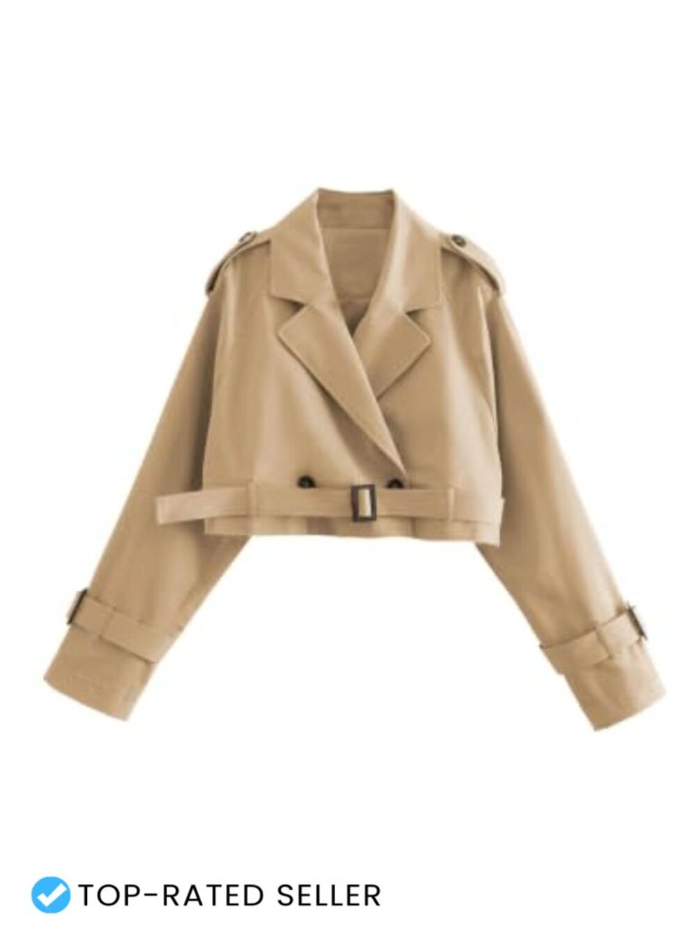 Women's Cropped Trench Coat Double Breasted Belted Long Sleeve Casual Jacket